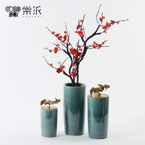 New Chinese ceramic jar flower arrangement vase soft decoration light luxury model room sales office ornaments ginkgo leaf cover handle