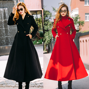 Autumn and winter new European and American super long woolen coat slim black long woolen coat looks thin for women