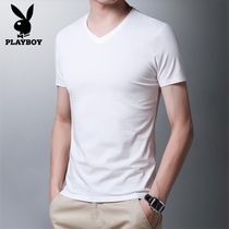 Playboy summer white short sleeve T-shirt men slim fit casual clothes V collar base shirt half sleeve tide men