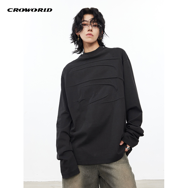 CROWORLD 新款圆领立体绣花长袖T恤休闲宽松纯棉打底上衣男女同款
