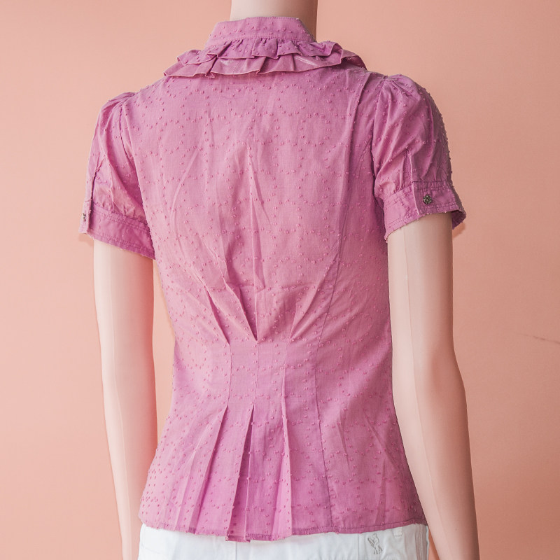 roem专柜代购夏款荷叶边领纯棉女款修身衬衣短袖衬衫rcyw02604b