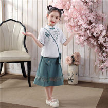 Girls Hanfu Summer Dress Republic of China Wind Cotton and Hesong Tang Dress Short Sleeve Cheongsam Little Girl Chinese Style Retro Set