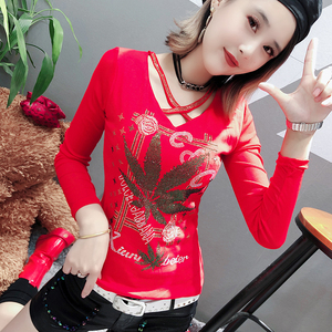 Autumn New Sexy Screen Inserted Diamond Thin T-shirt Blouse 