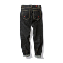Small feet Mbbcar Europe and the United States West Coast Harajuku tide heavy washing black cow red ear denim jeans men 718A