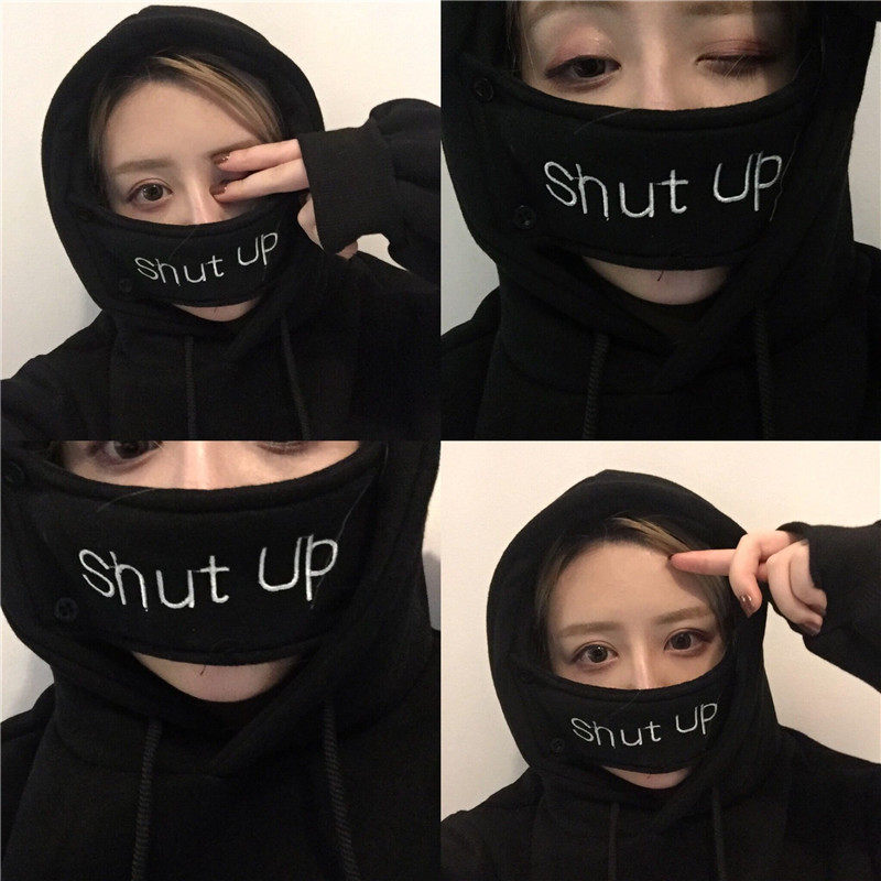 实拍原宿趣味自带闭嘴口罩防风保暖加绒卫衣 男女情侣款