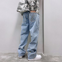 PGUP STUDIO SPRING NATIONAL TIDE HIGH STREET WASHED WOOL SIDE COLORED SPLASH Blue Jeans Man