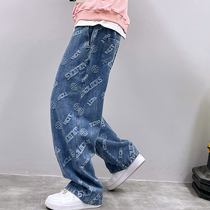 PGUP STUDIO SPRING TIDE SIGN HIGH STREET WASHED LETTER PRINTED STRAIGHT BARREL LOOSE TUDENIM JEANS SON INS