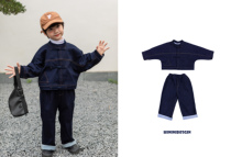 HININI original design 22 winter new Chinese boys and girls denim all-in-one velvet suit spot