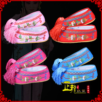 Zhenglong Opera Costume Opera opera Yue Opera Shoe Theatre Fudan Miss Embroidered Shoes Calf Gluten Undergrass Flowers Flat-bottomed Color Shoes