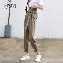 High Waist Kharen Pants Woman 90% Pants 2021 New Ins Tooling Lacing Bag Tapered Little Footed Turnip Pants