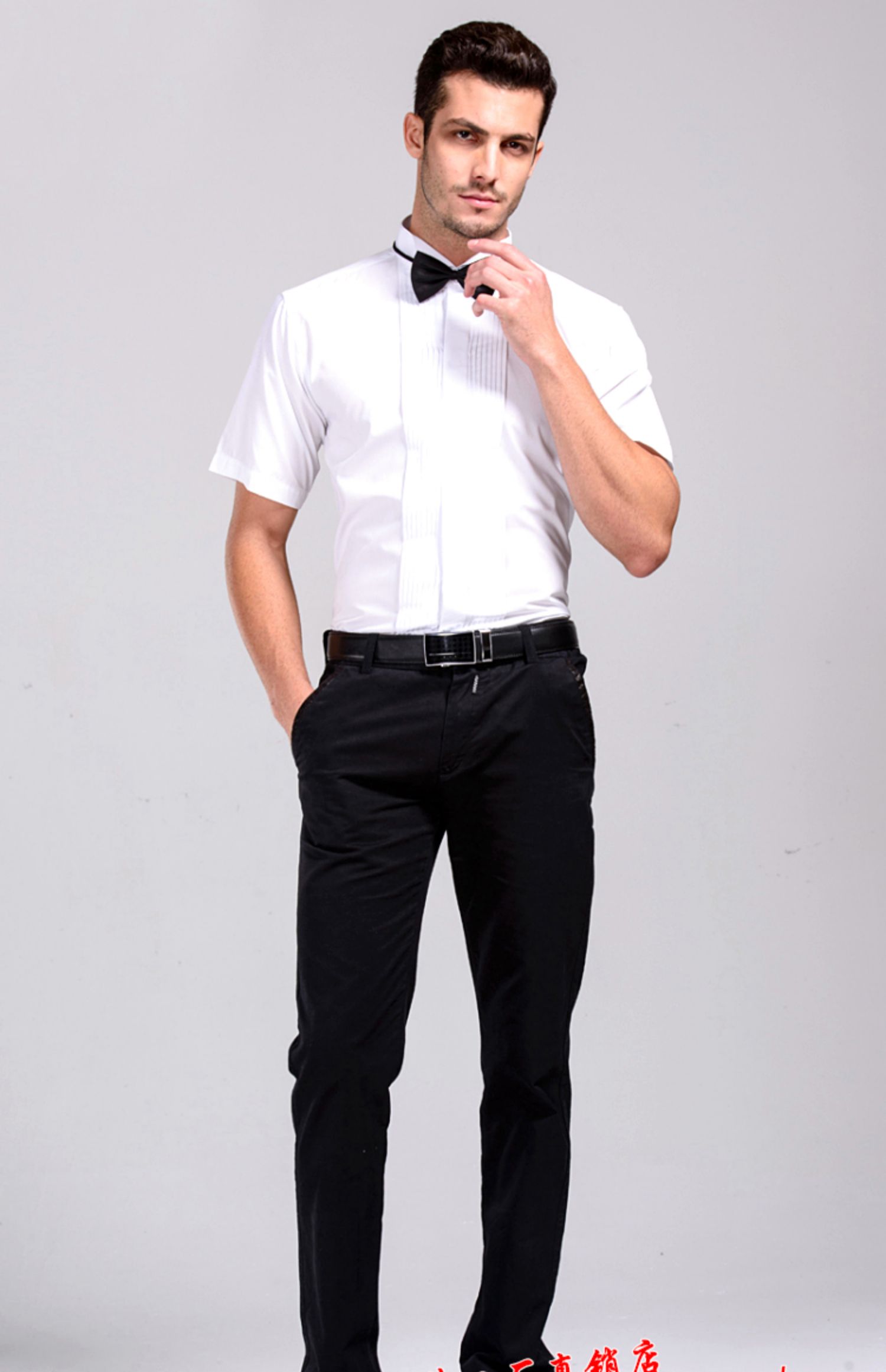 毕业照班服学生合唱演出服白色短袖衬衣黑色裤子伴郎团男衬衫套装