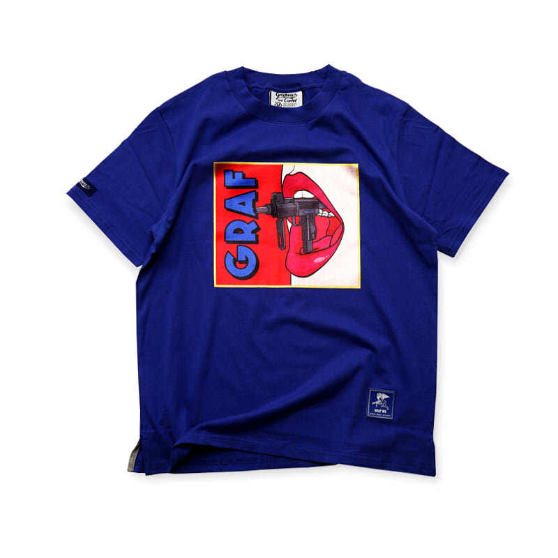 graf原创品牌嘴唇含着枪/语言是武器/绒面蓝色t恤纯棉短袖_7折现价98