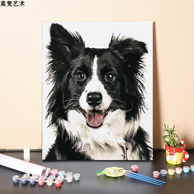 DIY数字油画套件丙烯手工狗狗画作边境牧羊犬数字画数字填色画DIY