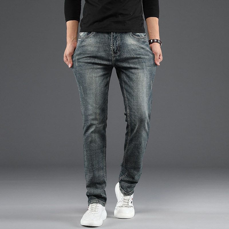 牛仔裤男修身直筒中腰怀旧色男士商务休闲弹力裤子男装-016-解放南