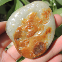 Dialect recommended Xinjiang Hetian Jade warm white red gold skin ingenious carving vividly people and wealth two prosperous hand pieces h