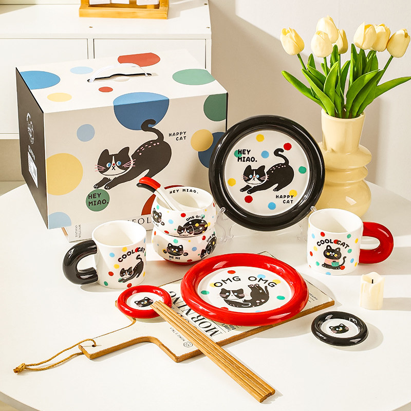 2024新款可爱猫咪餐具碗盘勺杯子情侣套装送礼好看碗碟家用1-2人