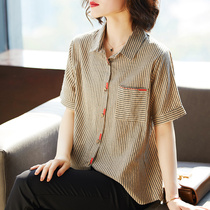 2022 new summer moms short sleeves striped flax cotton linen hemp blouse for women with high-end loose shirts