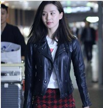 New Haining imported sheep leather leather women Liu Shishi with double-breasted motorcycle jacket short jacket