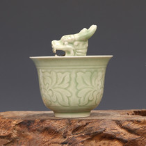 Song Longquan kiln carved peony pattern dragon head Cup antique porcelain old goods antique porcelain old goods collection