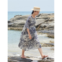 No good see City silk cotton blend lotus pond fun printed one-piece dress round collar little robe (small to get full)
