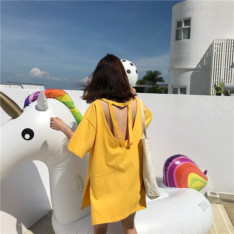 实拍实价~(已检测)宽松镂空开叉中长款短袖t恤 9992