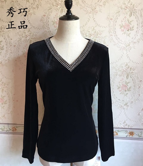 秀巧正品丝绒长袖上衣2346水晶v领镶钻黑色衬衫t恤中老年品质女装_不