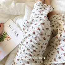 fafamarket Korean homemade small floral cotton waffle pajama pants super comfortable womens home pajama pants