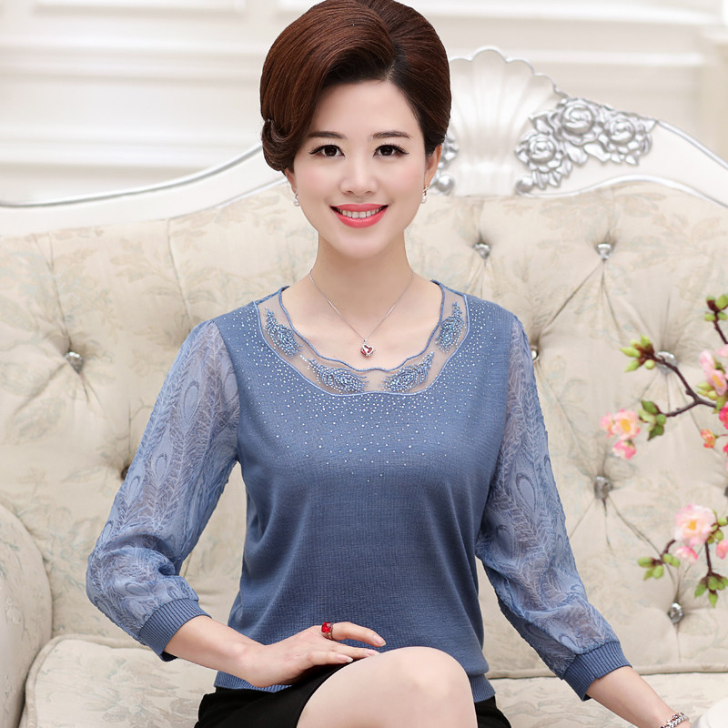 中老年女春装针织衫上衣40-50岁时髦妈妈装夏装新款纱袖打底t恤衫
