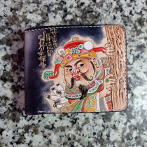 Pure Handmade Leather Carved Wallet Youth Zero Wallet Mens Leather Wallet Genuine Leather Money Clip Short Retro Cross Money God Pattern