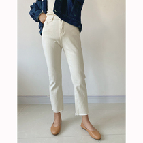 26 yards beige jeans womens loose straight chic high waist slim autumn and winter nine-point burrs casual pipe pants