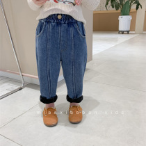 Xiaobao Family 2021 Winter Wear New Korean Version Boys and Girls Plus-Thickened Jeans Baby Casual Warm Harlan Pants