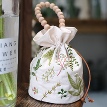 Handmade Diy Little Fresh Plant Flowers Embroidered Cloth Art Bucket Bag of Material Package Cosmetic Containing Bag