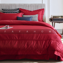 FAFAHOME Simple solid color wedding 100S cotton satin red bedding four-piece wedding