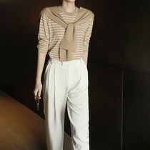 Early autumn wear look shoulder design classic striped fake two-piece round neck wool sweater 4 colors