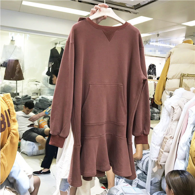 韩国ulzzang2017冬季新款11an加绒卫衣连衣裙鱼尾连帽字母中长款_7折