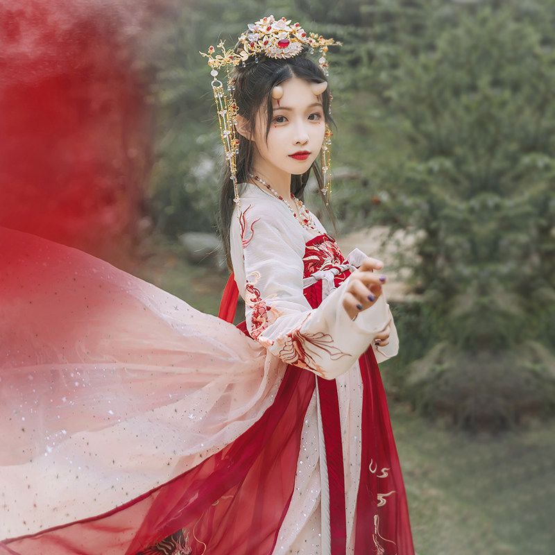 汉尚华莲龙母原创汉服女齐胸襦裙龙纹重工绣花近8米摆间色烫金