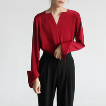 LIMONN spring satin design sense niche V collar commuter professional OL red long sleeve shirt simple temperament top