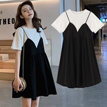 Maternity summer dress mid-length fashion fake two-piece top summer suspender skirt summer thin section small