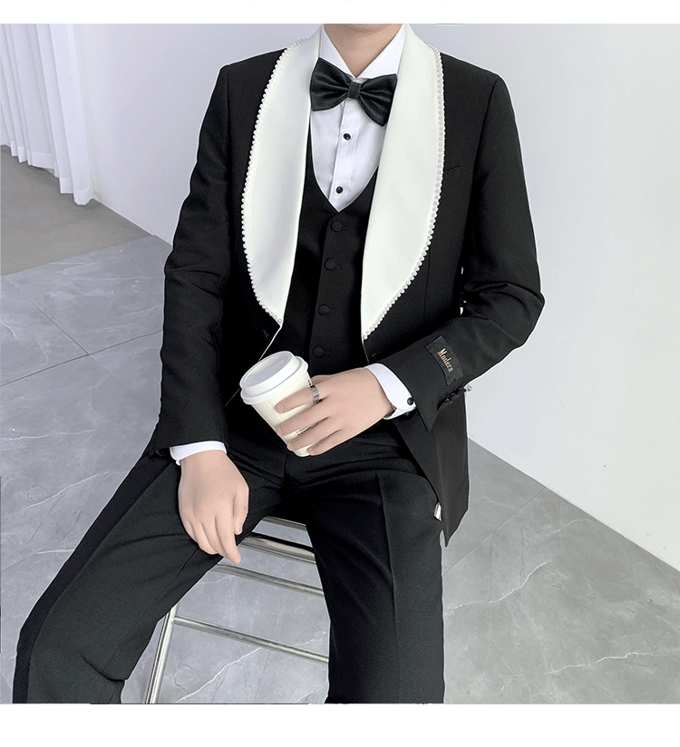 气质宫廷风男士晚礼服三件套男士珍珠串领礼服套装晚宴套装主持服