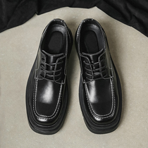 Shoes mens spring casual leather shoes trendy Korean version handsome 100 hitch a big head frock shoes black genuine leather low help Martin boots