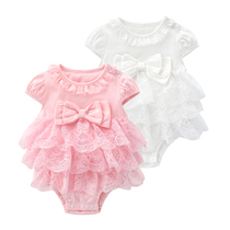  Baby girl baby full moon 100 days old pure cotton lace princess summer triangle one-piece climbing suit 0-6-9 months