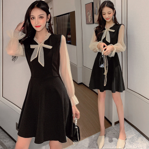 Autumn and winter 2020 new fashion foreign style long sleeve little black dress mesh splicing celebrity birthday black d