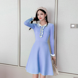 Autumn winter 2020 knitted long sleeve new fashion temperament foreign style bottom A-line dress baby face fur dress