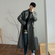 Korean version of the trend ins super fire striped cashmere coat mens slim-fit youth wool coat student windbreaker