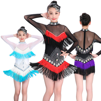 Girls Latin Dance Dresses Long Sleeve Bright Drill-tassel Skirt Gradual Change Latin Dance Performance Dress Sexy Screen Sequins Practicing Gong Regulation Dress