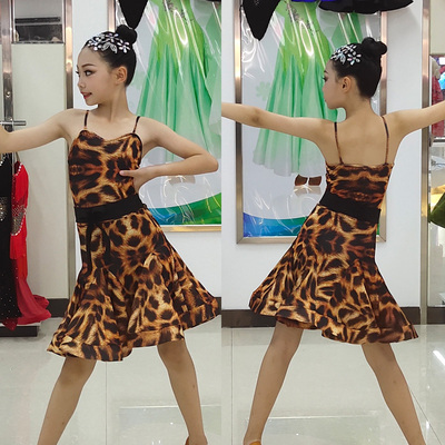 Girls Latin Dance Dresses Latin Dance Performance Dress Girls Leopard-print Professional Gongfu Dresses Children&apos;s Suspended Dance Dresses Performance Dresses