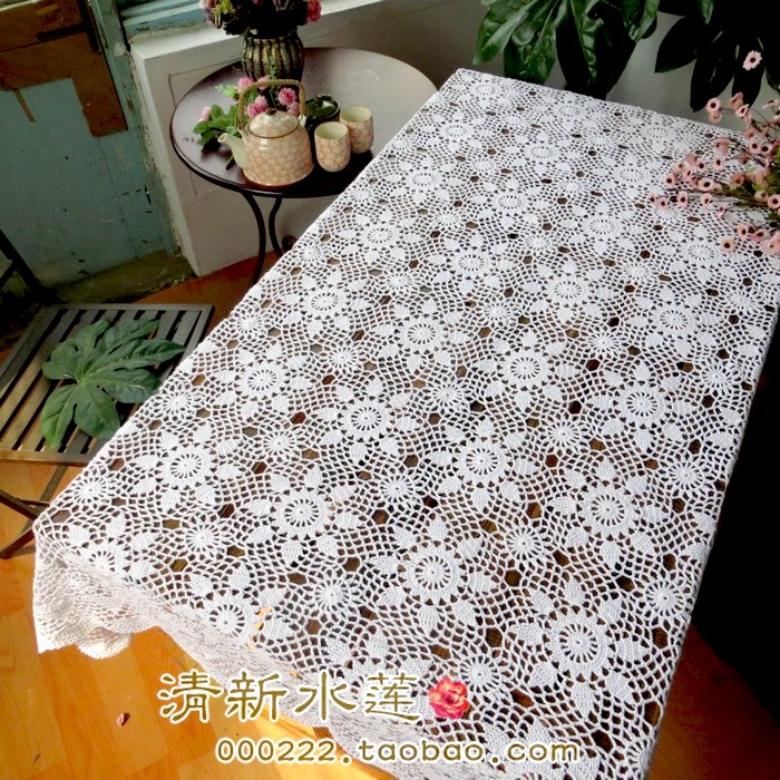 清新水莲 手工钩针花长方形台布 田园中欧式纯棉编织餐桌布 白米