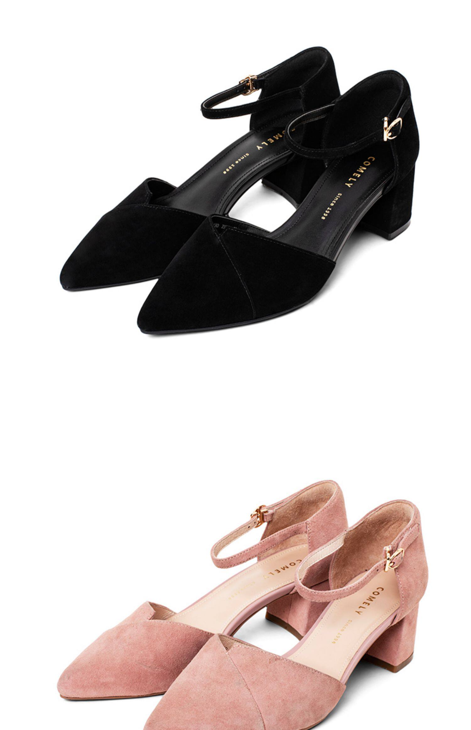 康莉鞋子女春季新款潮鞋单鞋高跟一字粗跟单鞋晚晚百搭中跟凉鞋