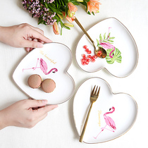 ins Flamingo gold edged ceramic love heart plate creative breakfast plate dessert Western plate set up jewelry plate