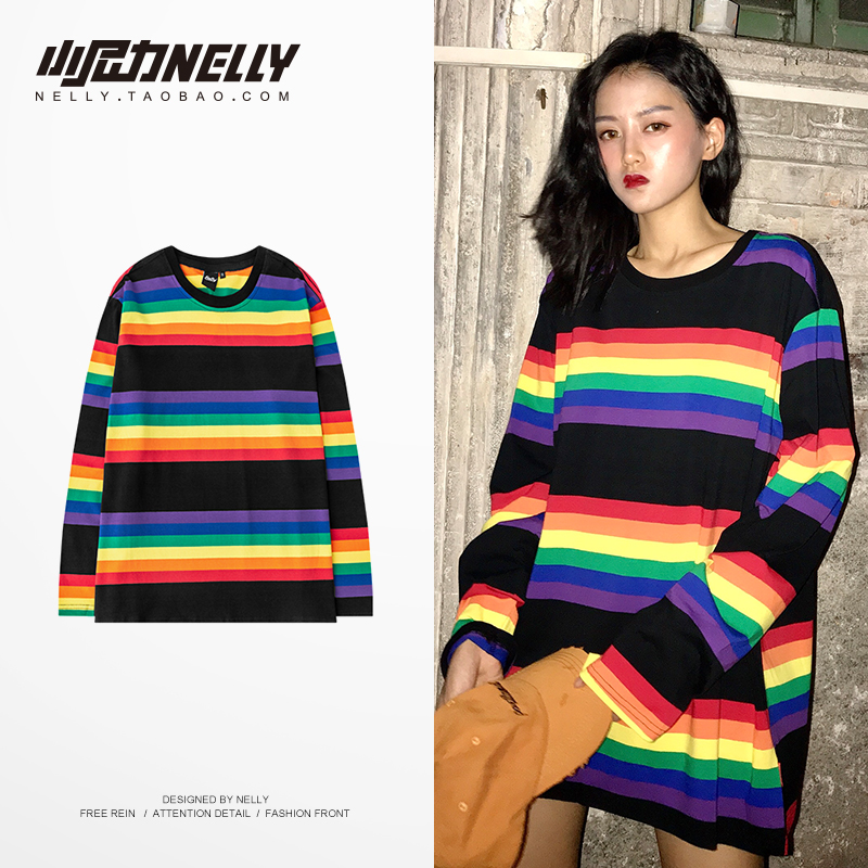 ins hip hop oversize autumn crew neck loose rainbow stripe long-sleeved T-shirt Trendy men and women all-in-one base shirt bf